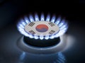 Burning gas burner of a home stove in the middle of which is the flag of the country of South Korea. Gas import and export