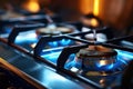 Burning gas burners on a kitchen gas stove
