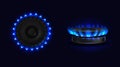 Burning gas stove with blue flame top or side view Royalty Free Stock Photo