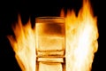 burning glass of alcohol with ice on a black background