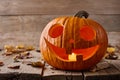 Burning Halloween pumpkin on wooden planks