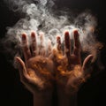 Burning hands, hands in fire and smoke on a black background, fire in hands,