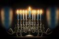 Burning hanukkah candles in a hanukkiah menorah on black background AI Generative.