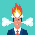 Burning head. Tired businessman with fire on his head. Fire in your hair.