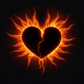 A shattered black heart against a background of flames. Generative AI Royalty Free Stock Photo