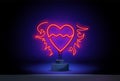 Burning heart neon light icon. Heart on fire. Passion glowing sign. Night bright advertisement. Vector illustration in Royalty Free Stock Photo