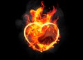 Burning heart shape with blazing flames on black background