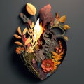 A burning heart, a stylized object of plants and flowers, a voluminous collage cut out of paper Royalty Free Stock Photo