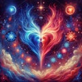 Burning heart. Twin flame logo. Esoteric concept of spiritual love. Illustration on black background for web sites