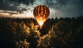 Burning hot air balloon fly right above trees canopy at twilight