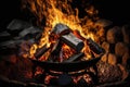 burning hot coals and lit fire for grilling food in backyard grill