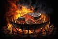 burning hot coals and lit fire for grilling food in backyard grill