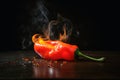 A burning hot peperoni on a dark background created with generative AI technology