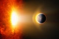 Burning hot planet approaches to bright red glowing star Royalty Free Stock Photo
