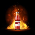 Burning hot sauce. Realistic spicy ketchup banner. Flaming condiment bottle. Chili food dressing advertising poster Royalty Free Stock Photo