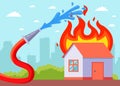 a burning house is being extinguished from a hose.