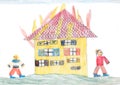 Burning house - children crayons drawing