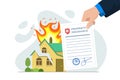 Burning house with crack and insurance agent hand hold policy. Contract for guarantee of repairs or compensation for Royalty Free Stock Photo