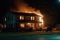 Burning house in the night. Residential house in fire. Generative AI Royalty Free Stock Photo