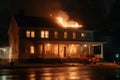 Burning house in the night. Residential house in fire. Generative AI Royalty Free Stock Photo