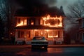 Burning house in suburb. Residential house in fire. Generative AI