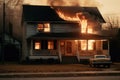 Burning house in suburb. Residential house in fire. Generative AI