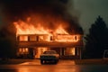 Burning house in suburb. Residential house in fire. Generative AI Royalty Free Stock Photo