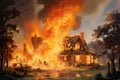 Burning house in the village. Fire in the village. Fire in the house, Burning house A house is on fire displaying flam, AI