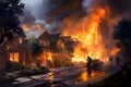 Burning house in the village, fire and smoke in the village, American houses on fire and firefighters trying to stop the fire, AI Royalty Free Stock Photo