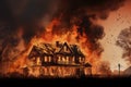 Burning house in the village at night. Fire in the house, Burning house A house is on fire displaying flam, AI Generated