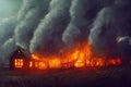burning houses with a burning barn, a disaster fire illustration, ai generated image Royalty Free Stock Photo