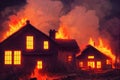 burning houses, a disaster fire illustration, ai generated image