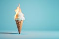 Burning ice cream cone, icecream on fire. Cold summer milk dessert in flames. Burning calories, weight loss and healthy diet