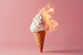 Burning ice cream cone, icecream on fire. Cold summer milk dessert in flames. Burning calories, weight loss and healthy diet