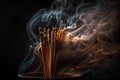 Burning incense sticks in smoke on black background. 3d illustration