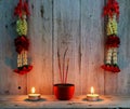 Burning incense sticks with the wreath of flower.candle flame Royalty Free Stock Photo