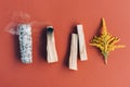 Burning incense. White sage, palo santo sticks and fragrant herbs in a row over orange brown background