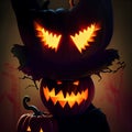 Creepy burning Jack-o-lantern pumpkin head. Halloween Glowing fire flame head Royalty Free Stock Photo