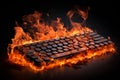 Burning keyboard on black background. Burnout syndrome, deadline, burnout at work. Computer keyboard on fire as a symbol of stress