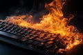 Burning keyboard on black background. Burnout syndrome, deadline, burnout at work. Computer keyboard on fire as a symbol of stress Royalty Free Stock Photo