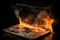 A burning laptop in a dark environment.