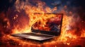 Burning laptop and keyboard, equipment fire due to faulty battery and wiring. Laptop Computer setting the world on fire