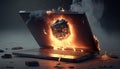 Burning laptop with shield on screen. Data security concept. Generative AI Royalty Free Stock Photo