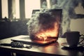 Burning laptop on a table with smoke. Generative AI Illustration.