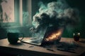 Burning laptop on a table with smoke. Generative AI Illustration.