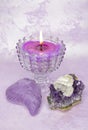 Burning lavender candle in crystal cup, lavender heart shape soap, amethyst geode