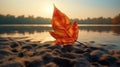 Burning leaf at land of cracked earth metaphor drought and Green leaf with river Climate change Royalty Free Stock Photo