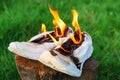 Burning leather sports shoes. Sneakers or gym shoes on fire stand on the Stump.