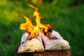 Burning leather sports shoes. Sneakers or gym shoes on fire stand on the Stump.