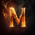burning letter M in the woods, 3d render of burn font